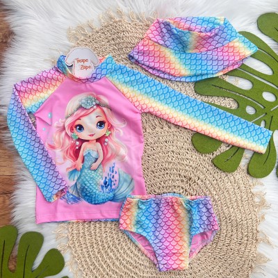 Linha Praia - Blusa com Proteção UV50+, Bucket e Calcinha - Sereia - Colorido